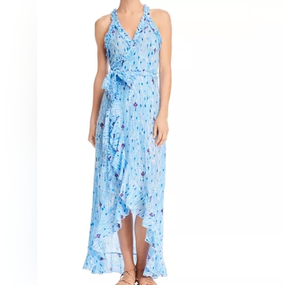 Poupette St Barth Ruffle Wrap Maxi Dress Blue Beach Cover-Up Vacation Size Small - Picture 1 of 7